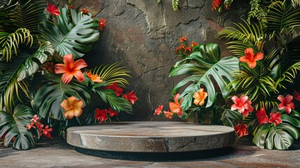 Fototapeta na wymiar Stone Table Surrounded by Tropical Plants