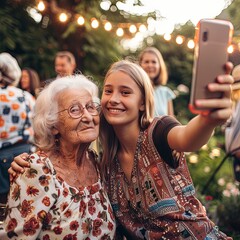 Teenage girl and grandmother at a backyard gathering taking a selfie, family time, technology and older generations, grandmother and granddaughter