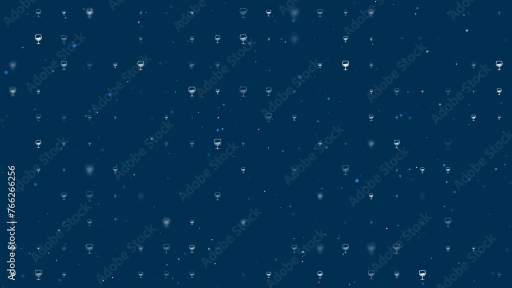 Poster Template animation of evenly spaced wineglass symbols of different sizes and opacity. Animation of transparency and size. Seamless looped 4k animation on dark blue background with stars