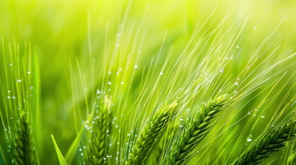 Close-up photo of a green ears of wheat with a drops of a morning dew on an agricultural field. Morning's gift: dew drops embellish green wheat.
