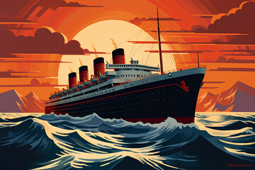To the Seas: Vintage Travel Poster of 1930s Ocean Liner   - obrazy, fototapety, plakaty
