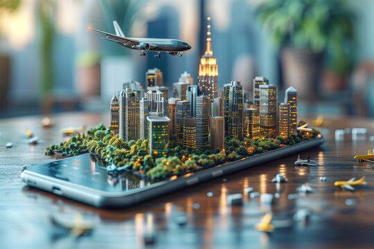 An AI generative image of 3D downtown appear at smartphone with plane passing by insight.