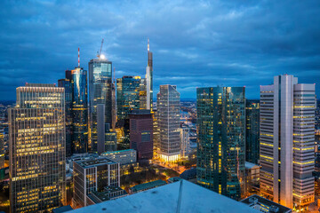 Frankfurt is the only skyline in Germany. Backlight for sunset with a great sky and lighting in the...