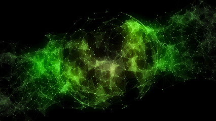 Abstract green sphere with connecting dots and lines. Network concept. Wireframe technology sphere. Big data visualization. 3d rendering.
