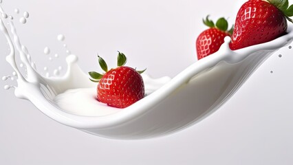 Milk wave with strawberry, isolate on white background