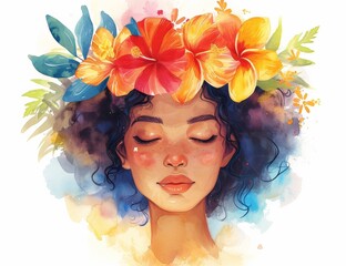Watercolor illustration of a beautiful woman with flowers in her hair and a flower wreath on her head