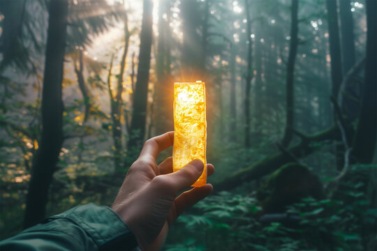 An AI generative image of bokeh hand holding energy bar with electric in the jungle.