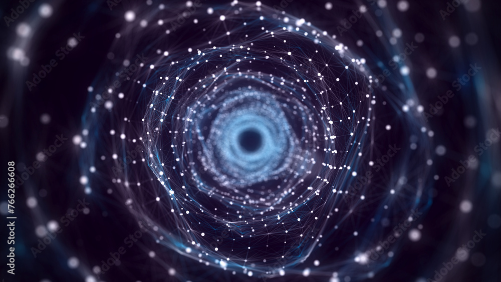 Poster Abstract 3d portal. Tunnel or wormhole. Digital blue background with connected blue dots. 3d rendering.