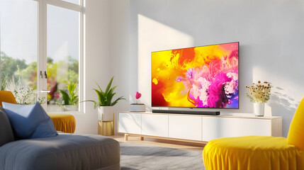 a modern living room with vibrant abstract art displayed on the television, blending indoor comfort with the dynamic beauty of nature