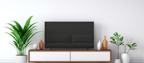 A sleek, contemporary television mounted on a stand is accented by a decorative plant in a stylish vase.