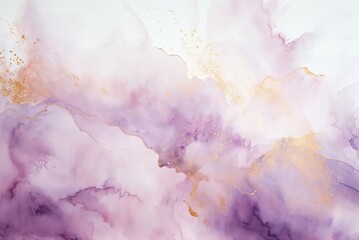 Hand-drawn watercolor backdrop with soft pastel shades of light pink and purple blend seamlessly, enhanced by golden speckles of textured paint. - 766267008