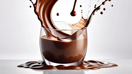 Küchenrückwand glas motiv Pouring chocolate milk into a glass, isolate, sprinkles, drops © Elena