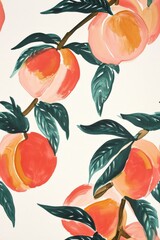 Delicate and Vibrant Painting of Peaches with Green Leaves on a White Background