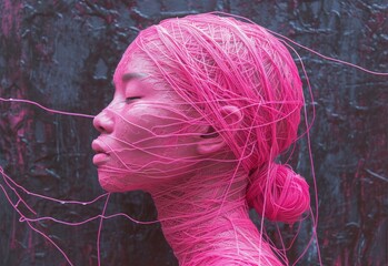 Abstract portrait of a woman with head covered in pink yarn, hair wrapped around face