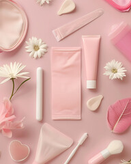 Pink background with feminine hygiene objects