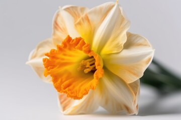 A closeup of the Narcissus flower, also known as daffodil or jonquil, is isolated on a white background. Selective focus.