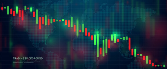 Trading candlestick chart of stock finance on a dark background. Bullish point, downtrend of the chart. Stock market candlesticks in green and red. Vector illustration.