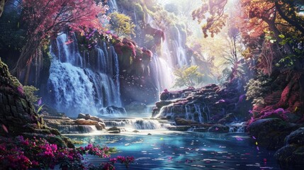Serene forest with enchanting waterfalls, immersed in a mystical and magical ambiance.
