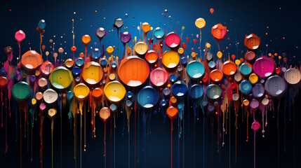 Colorful Spheres with Paint Drips on Dark Background Abstract Art