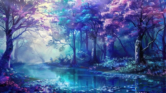Vibrant and surreal fantasy forest landscape in mesmerizing blue and purple hues.