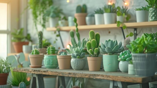 Stylish composition of home garden interior filled a lot of beautiful plants, cacti, succulents, air plant in different design pots. Home gardening concept Home jungle. Copy spcae