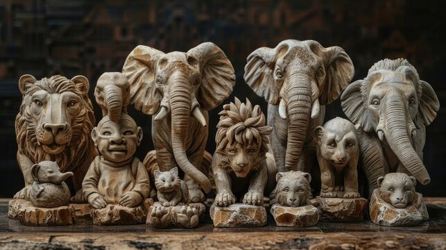 Intricately Crafted Elephant Statues in Ornamental Display