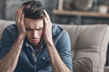 Unpleasant pain. Sad unhappy handsome man sitting on the sofa and holding his forehead while having headache (2) - obrazy, fototapety, plakaty