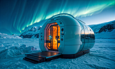 dome-shaped cabin with an open door and a set of stairs leading inside. The cabin is situated on a snow-covered field - obrazy, fototapety, plakaty
