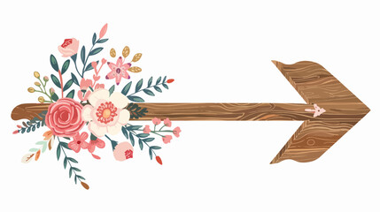 Cute arrow guide wooden with flowers Flat vector isolated - obrazy, fototapety, plakaty