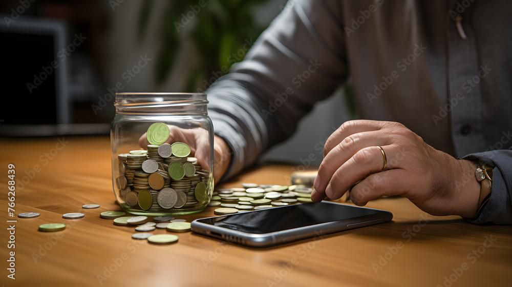Poster man using tablet while piggy bank showing growth and coins