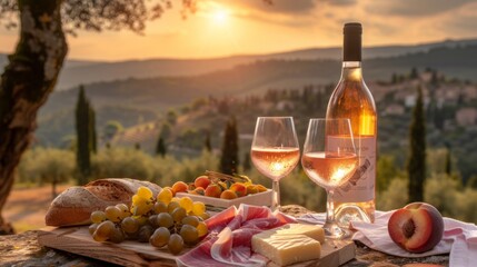 Bottle of rose wine and two full glasses of wine on table in heart of Provence, France with french bread, cheese, ham, grapes and peaches with olive trees on background in sunset.