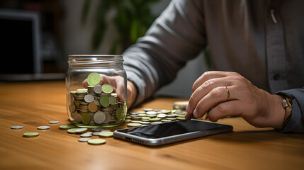 man using tablet while piggy bank showing growth and coins