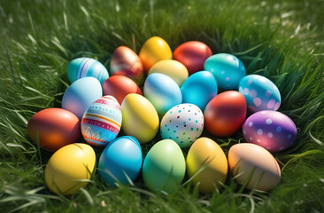 Fototapeta na wymiar Colorful bright Easter eggs lie on the green grass on a sunny spring day. Concept - Christian holidays and traditions