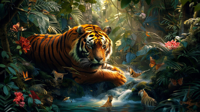 sfondo artistico con animali  in primo piano in mezzo alla natura con alberi fioriti, screensaver o carta da parati iperealitica , una tigre in primo piano