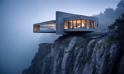 modern house is placed on top of a steep cliff. The house is a box-like structure with glass walls. The sky is overcast and the cliff is misty. - 766268629