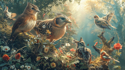 sfondo artistico con animali  in primo piano in mezzo alla natura con alberi fioriti, screensaver o carta da parati iperealitica , gruppo di uccelli - Powered by Adobe