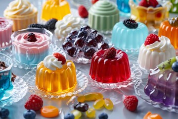 Colorful Assortment of Mini Gelatin Desserts with Berries, A vibrant selection of mini gelatins garnished with fresh berries and cream - obrazy, fototapety, plakaty