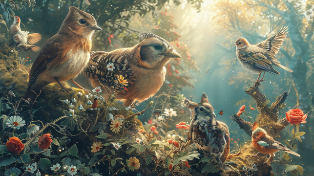 sfondo artistico con animali  in primo piano in mezzo alla natura con alberi fioriti, screensaver o carta da parati iperealitica , gruppo di uccelli
