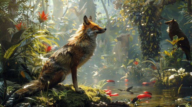 sfondo artistico con animali  in primo piano in mezzo alla natura con alberi fioriti, screensaver o carta da parati iperealitica , volpe di profilo