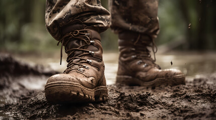 muddy boots of mountain soldier