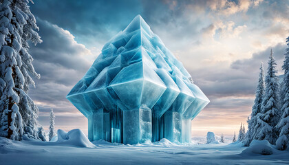 clear blue iced-over house situated in a snowy forest. The house appears to be made of ice and is surrounded by trees covered in snow. - 766269043