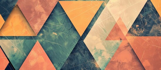 A close up of an artful pattern of colorful triangles in shades of electric blue, peach, and other hues, creating a visually striking display of symmetry on a wall - obrazy, fototapety, plakaty