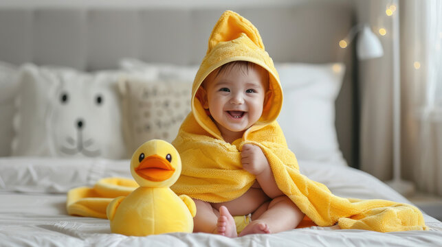 A cute baby wrapped in yellow hooded towel, sitting on the bed with happy expression and a small duck toy next to it