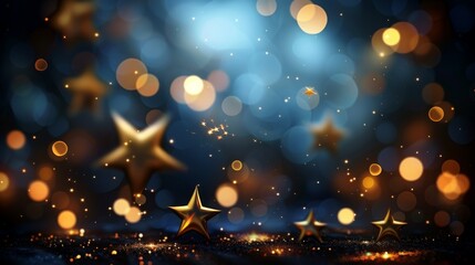 Obraz na płótnie Canvas Abstract background with gold stars, particles and sparkling on navy blue. Christmas Golden light shine particles bokeh on navy blue background. 2024 New year background. AI Generative