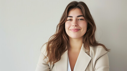 Beautiful Plus Size Spanish Woman, Modern Office Clothes. Smart, Confident, Smiling. Successful Business Person, Educated Professional. Equality, Diversity at Work, International Company, Career. 