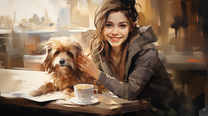 A cheerful woman enjoys a cup of coffee with her dog, depicted in a vibrant digital painting.