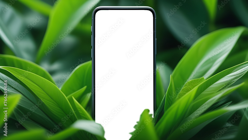 Poster mobile phone screen mockup. blank smartphone display mock up in green leaf plants. ecology app