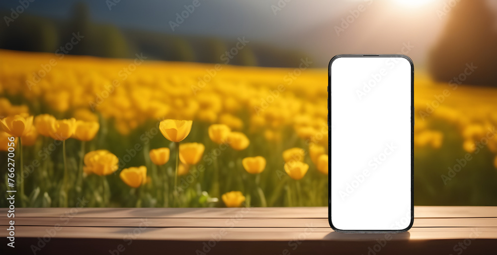 Poster mobile phone screen mockup. blank smartphone display mock up. banner with yellow flowers field