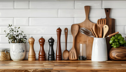 Contemporary kitchen background with kitchen utensils standing on wooden countertop - obrazy, fototapety, plakaty