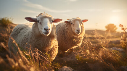 sheep standing in evening sunlight